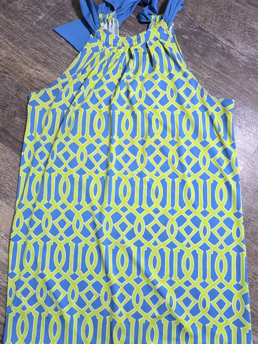 Mudpie Halter Dress Blue & Lime-Green Geometric Print w/Bow Tie at Neck Sz Med